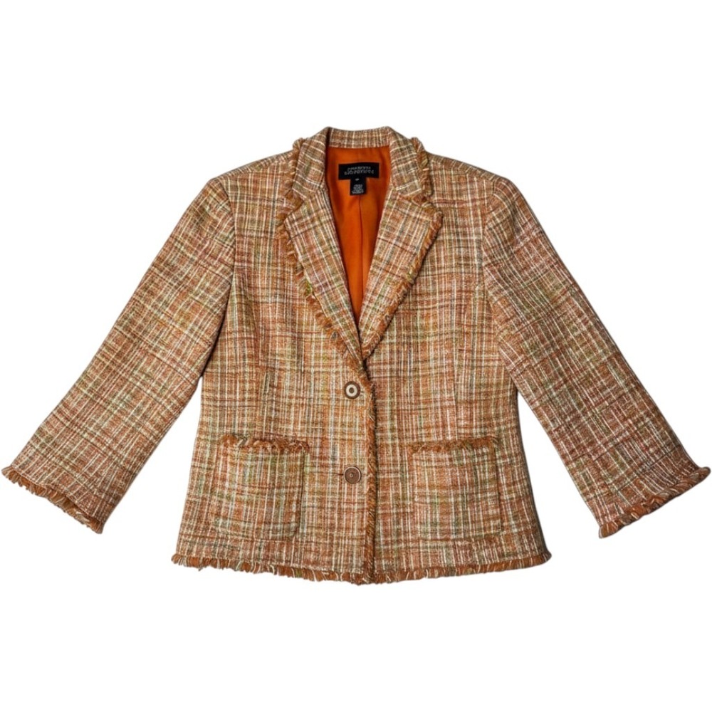 Jones New York Signature Orange Multi Color Plaid Fringe Tweed‎ Blazer 12
